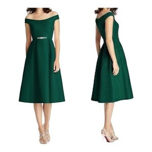 NWT Jenny Packham Mikado Off Shoulder Satin Midi Bridesmaid Dress Hunter Green